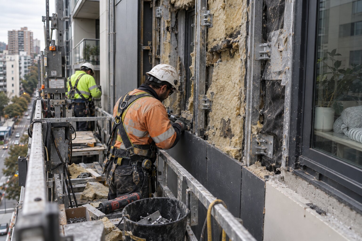 Workers replacing external cladding on a Sydney building during facade remediation works